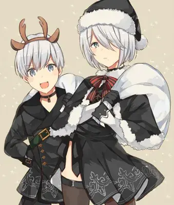 2B and 9S from Nier Automata in festive holiday attire - digital artwork showing android warriors in Santa hats and reindeer antlers