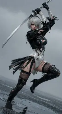 2B from Nier Automata fierce combat stance - digital artwork showing android warrior in signature outfit