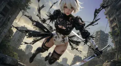 2B from Nier Automata Fierce Combat Stance - digital artwork showing android warrior in signature outfit