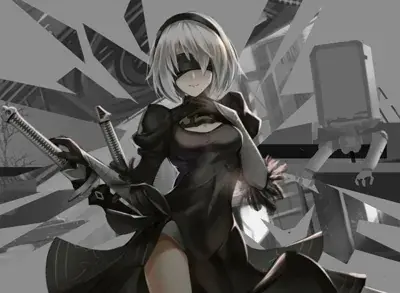 Digital illustration of 2B (YoRHa No.2 Type B) from NieR: Automata, depicted in a gothic-lolita style with a blindfold and dual swords in a shattered post-apocalyptic environment.