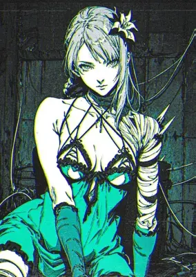 2B from Nier Automata glitch-styled digital artwork showing android warrior in stylized outfit