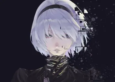 2B from Nier Automata Glitch Portrait - digital artwork showing android warrior in signature outfit
