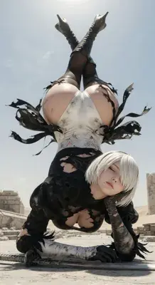 2B from Nier Automata gravity-defying handstand - digital artwork showing android warrior in signature outfit