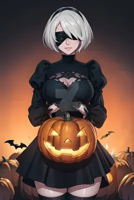 2B from Nier Automata holding a jack-o'-lantern - digital artwork showing android warrior in signature outfit