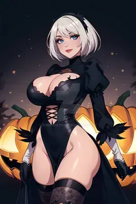 2B from Nier Automata Halloween-themed digital artwork showing android warrior in signature gothic outfit