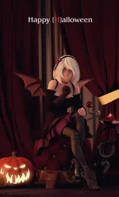2B from Nier Automata in a festive Halloween outfit - digital artwork showing android warrior in signature gothic style with bat wings