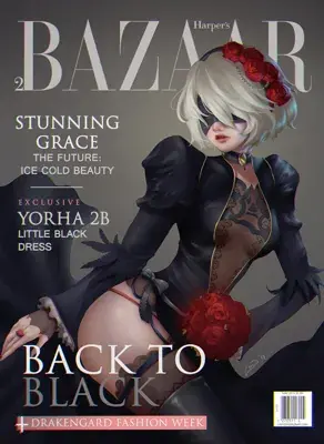 2B from Nier Automata in a high-fashion magazine cover style - digital artwork showing android warrior in signature outfit