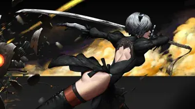 2B from Nier Automata in an action-oriented katana strike - digital artwork showing android warrior in signature outfit