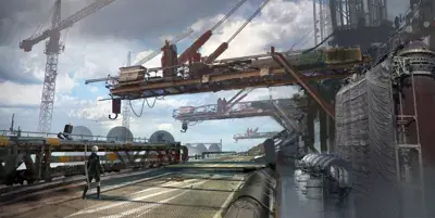 2B from Nier Automata standing in an industrial construction site - digital artwork showing android warrior in signature outfit
