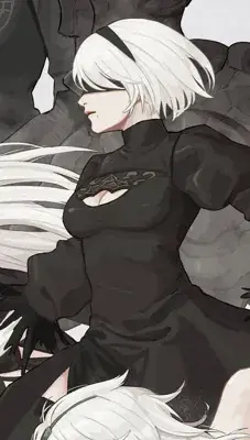2B from Nier Automata intense combat portrait - digital artwork showing android warrior in signature outfit