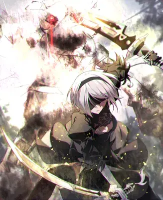 2B from Nier Automata intense combat scene - digital artwork showing android warrior in signature outfit