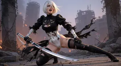 2B from Nier Automata Intense Combat Stance - digital artwork showing android warrior in signature outfit