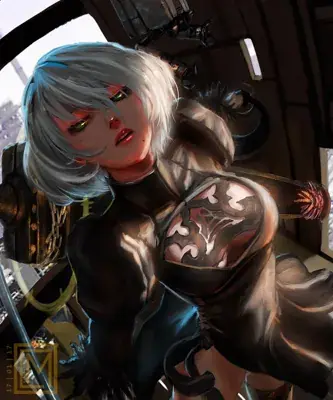 Image of 2B intense portrait oil painting - YoRHa android character art from the video game Nier Automata