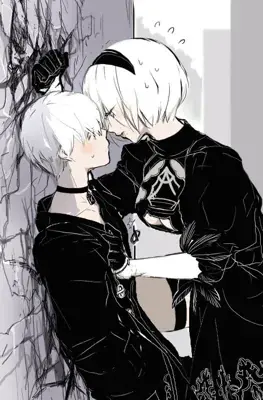 Fan art illustration of 2B and 9S in a kabedon pose from Square Enix's Nier Automata game