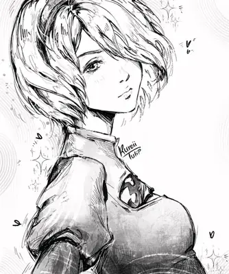 2B from Nier Automata intimate sketch portrait - digital artwork showing android warrior in soft aesthetic