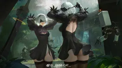 2B from Nier Automata adjusting her blindfold in a lush forest - digital artwork showing android warrior in signature outfit