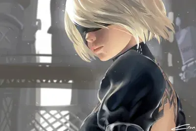 2B from Nier Automata Introspective Portrait - digital artwork showing android warrior in signature outfit