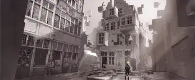 2B from Nier Automata lone android in surreal cityscape - digital artwork showing android warrior in signature outfit