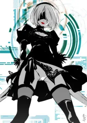 2B from Nier Automata low-angle combat stance - digital artwork showing android warrior in signature outfit