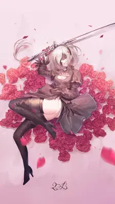 2B from Nier Automata Lying in Roses - digital artwork showing android warrior in signature outfit