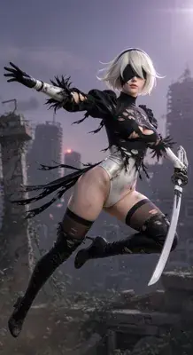 2B from Nier Automata mid-air combat maneuver - digital artwork showing android warrior in signature outfit