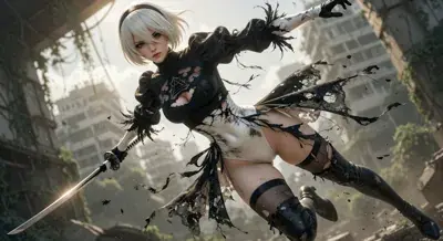 2B from Nier Automata mid-combat maneuver - digital artwork showing android warrior in signature outfit