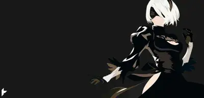 Digital illustration of 2B (YoRHa No.2 Type B) from NieR: Automata wearing a black gothic-lolita dress with a blindfold, set against a dark background.