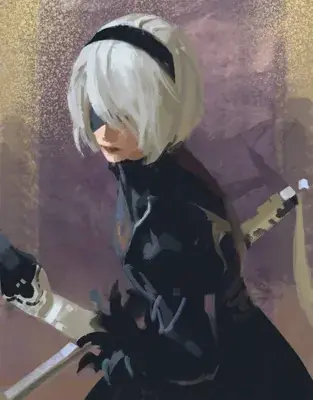 2B from Nier Automata Moody Oil-Painting Style - digital artwork showing android warrior in signature outfit
