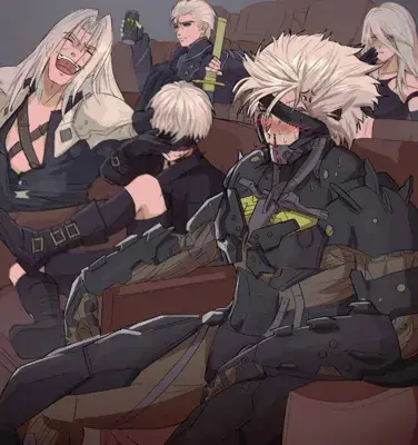 2B from Nier Automata movie night crossover - digital artwork showing android warrior and other iconic game characters in a casual setting