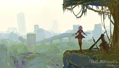 2B from Nier Automata overlooking the ruined city - digital artwork showing android warrior in signature outfit