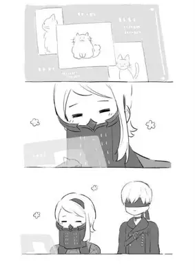 2B from Nier Automata peaceful moment viewing cat drawings - digital artwork showing android warrior in signature outfit