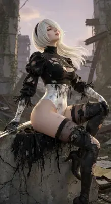 2B from Nier Automata Peaceful Reflection Amidst Ruins - digital artwork showing android warrior in signature outfit