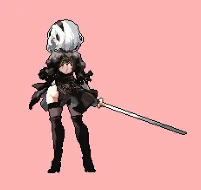 2B from Nier Automata pixel art style - digital artwork showing android warrior in signature outfit