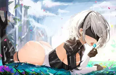 Image of 2B lying in a meadow with a lollipop - YoRHa android character art from the video game Nier Automata