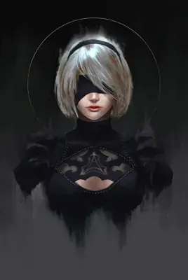 2B from Nier Automata portrait artwork showing android warrior in signature outfit