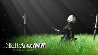 2B from Nier Automata quiet reflection in the meadow - digital artwork showing android warrior in signature outfit