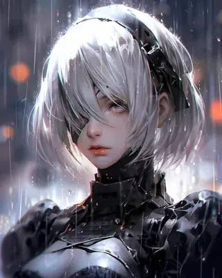 2B from Nier Automata rainy atmospheric portrait - digital artwork showing android warrior in signature outfit