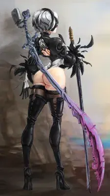 2B from Nier Automata rear combat stance - digital artwork showing android warrior in signature outfit