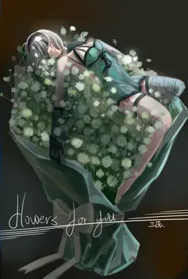2B from Nier Automata resting amidst flowers - digital artwork showing android warrior in signature outfit
