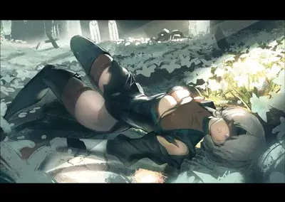 2B from Nier Automata resting in a field of white flowers - digital artwork showing android warrior in signature outfit
