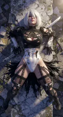 2B from Nier Automata resting amidst ruins - digital artwork showing android warrior in signature outfit