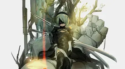 2B from Nier Automata resting in a forest setting - digital artwork showing android warrior in signature outfit