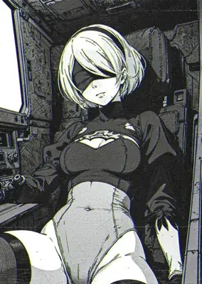 2B from Nier Automata resting in flight unit - digital artwork showing android warrior in signature outfit