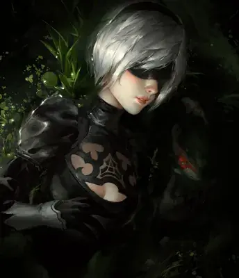 2B from Nier Automata resting in a lush garden with koi fish - digital artwork showing android warrior in signature outfit