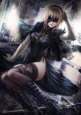 2B from Nier Automata posing in a derelict indoor setting - digital artwork showing android warrior in signature outfit