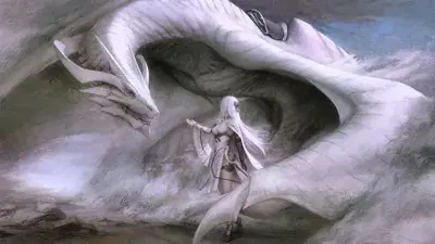2B from Nier Automata Serene Encounter with a White Dragon - digital artwork showing android warrior in signature outfit