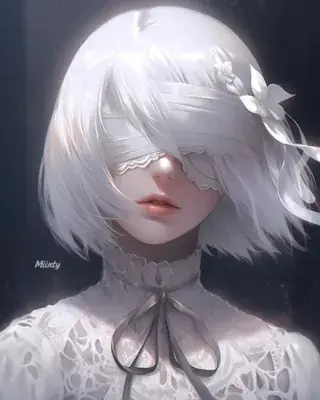 2B from Nier Automata serene portrait - digital artwork showing android warrior in signature outfit