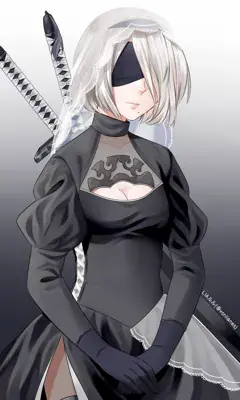 Digital illustration of 2B (YoRHa No.2 Type B) from NieR: Automata, featuring a black dress with white lace and a blindfold.