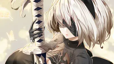 2B from Nier Automata serene warrior with sword - digital artwork showing android warrior in signature outfit