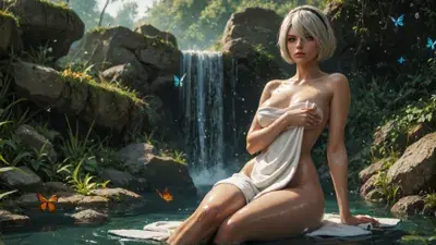 2B from Nier Automata Serene Waterfall Rest - digital artwork showing android warrior in signature outfit